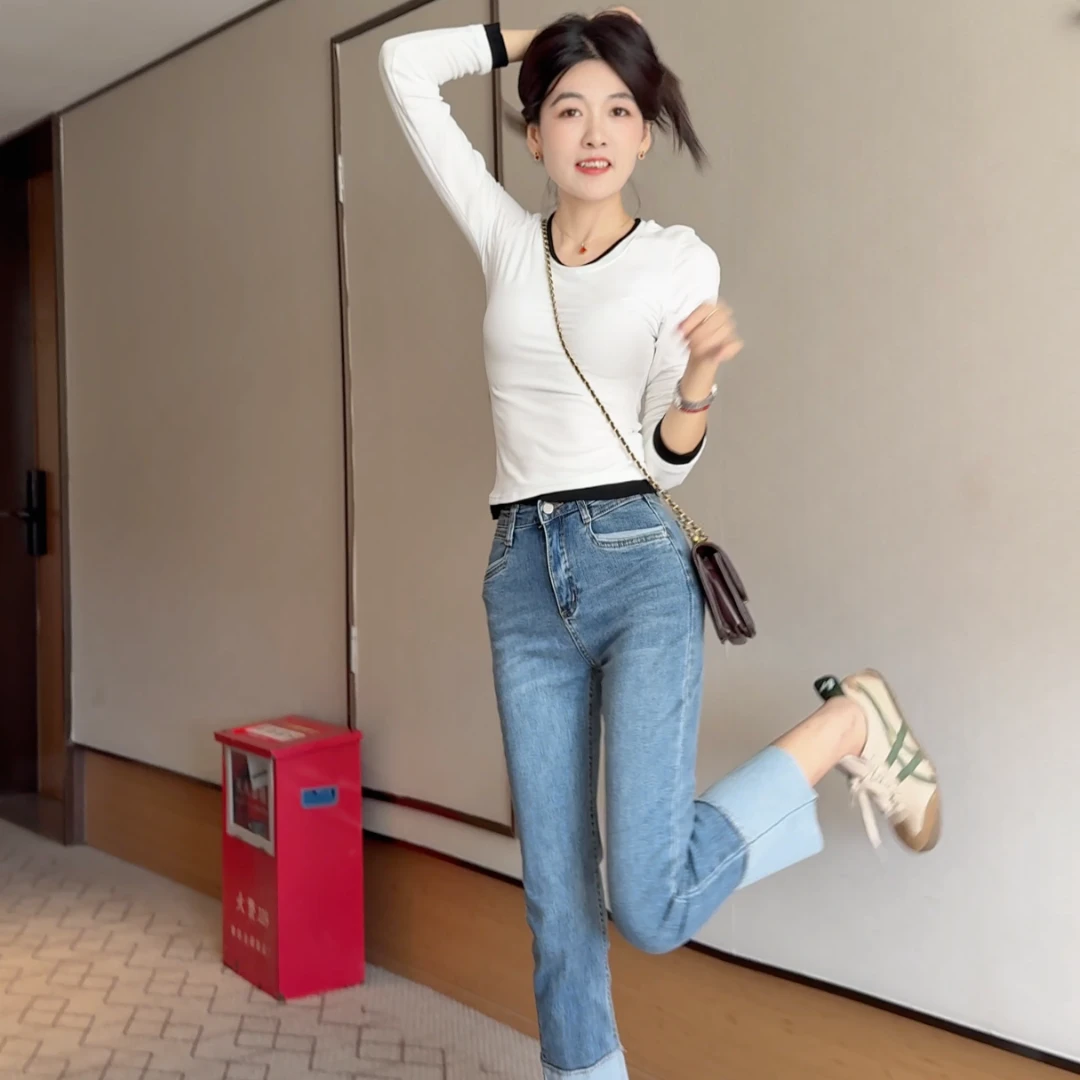 撞色T恤女长袖女装2025秋季新款修身显瘦圆领上衣+高腰复古牛仔裤