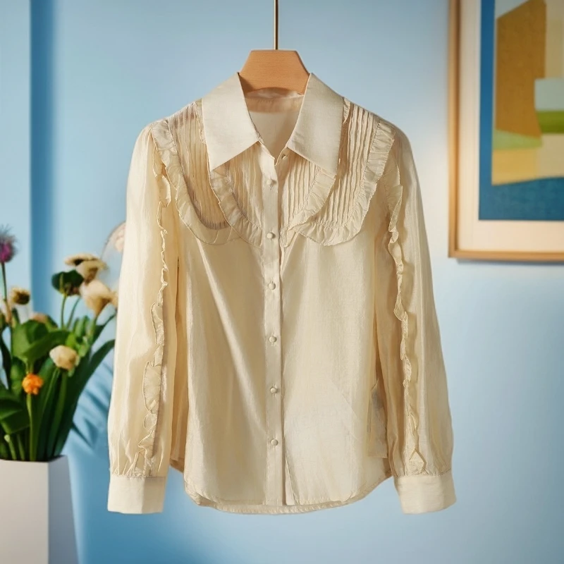 【琪】剪标秋牌折扣优雅气质百褶木耳边翻领纯色薄款小衫上衣女008