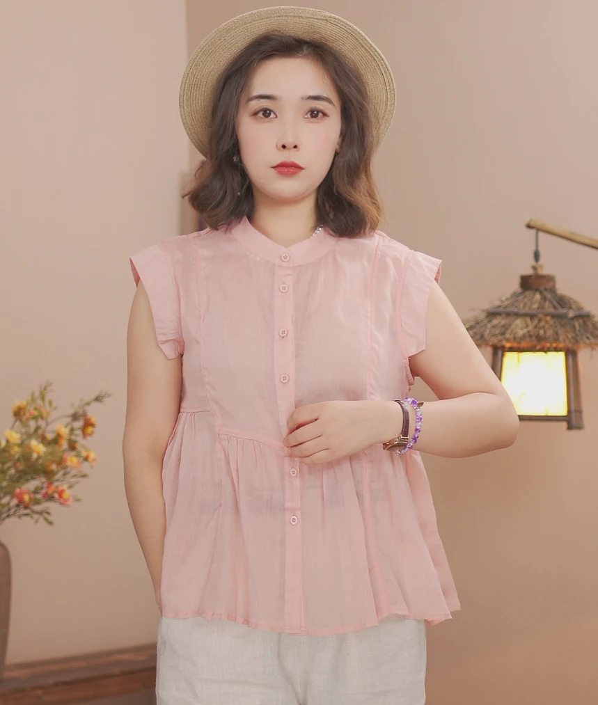100苎麻花边下摆飞机袖小衫