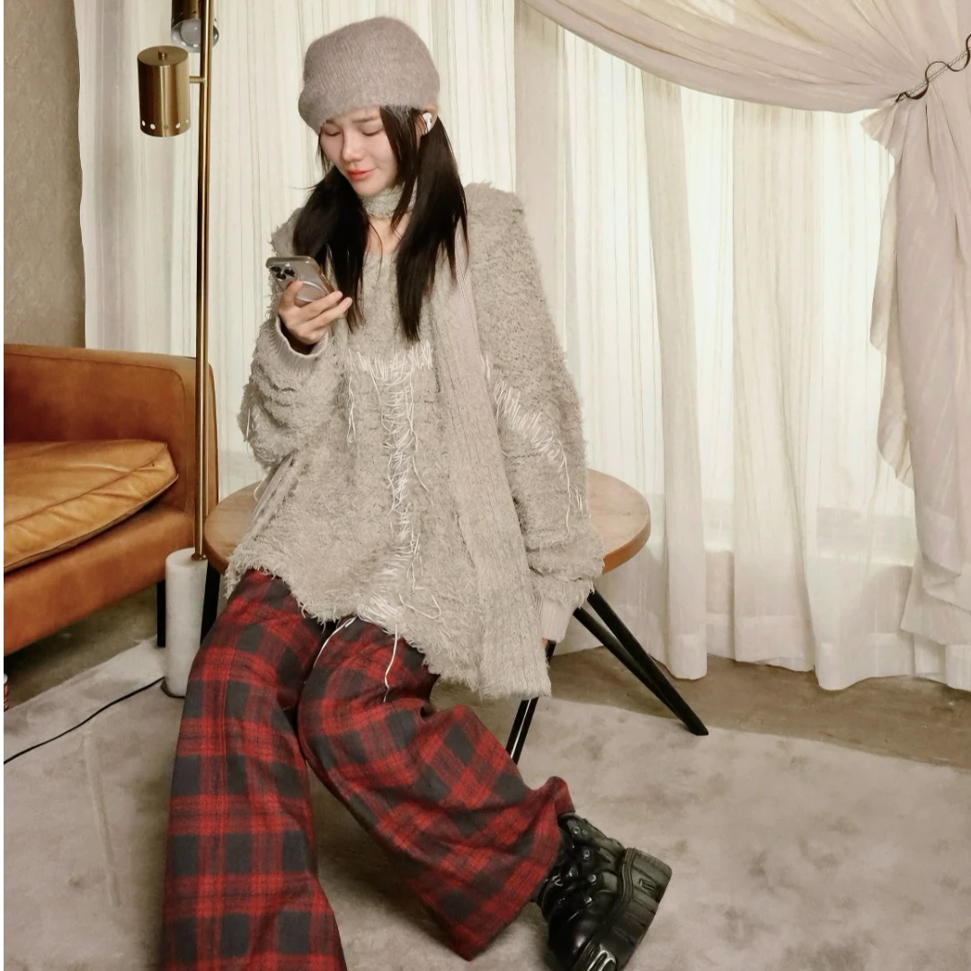 长拉绒针织连帽毛衣毛绒编织围巾两件套小众原创设计师品牌