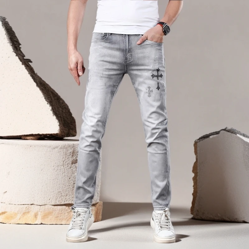 诺顿雷斯新款烫钻修身牛仔裤男潮牌百搭小脚休闲灰色裤子夏季薄款