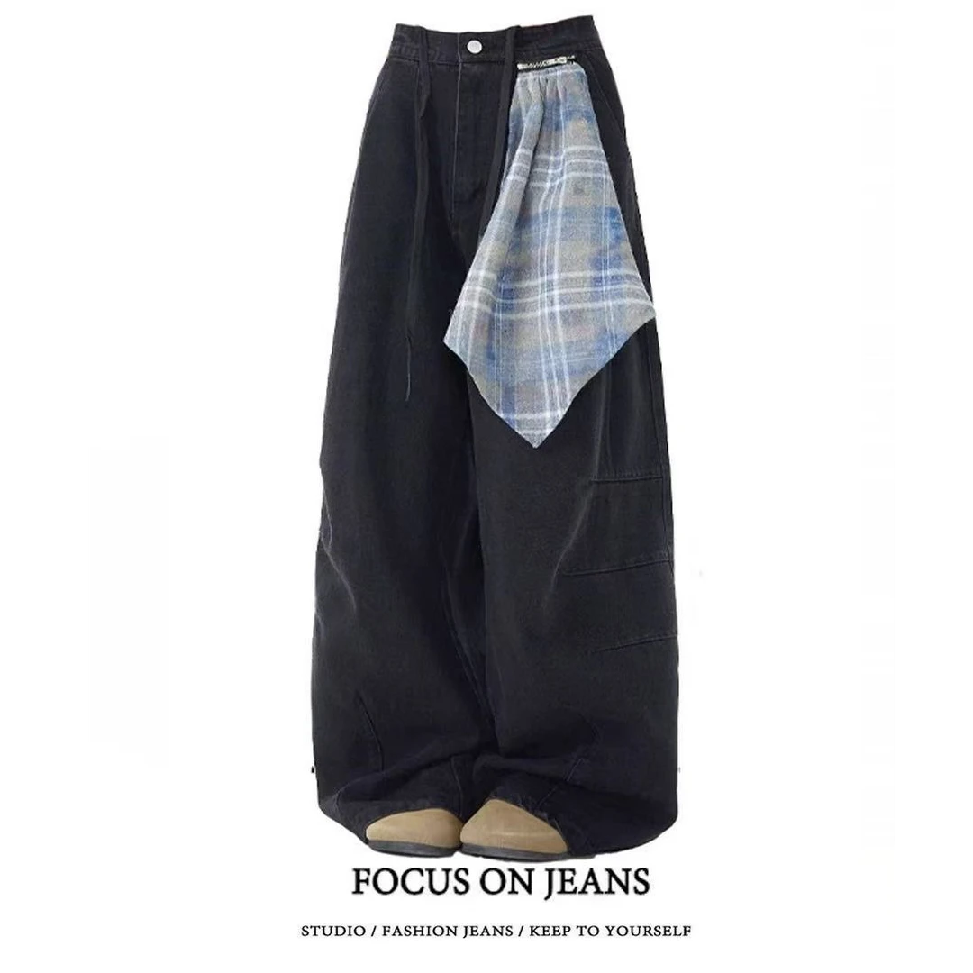 黑色方巾可拆弯刀牛仔裤女美式复古拉链设计感镰刀裤宽松阔腿裤子