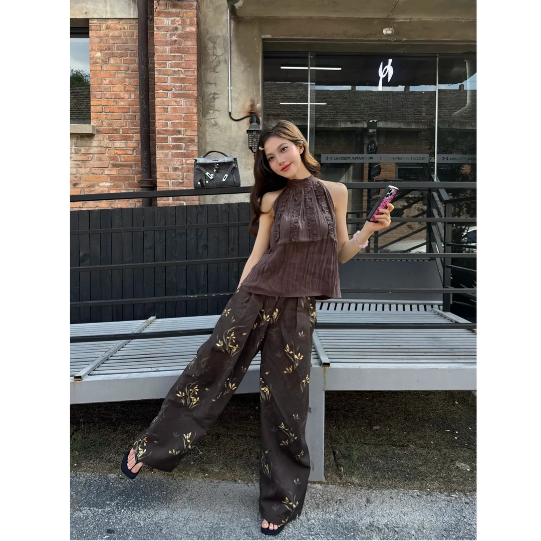 【古棕叠韵】法式挂脖背心木耳边无袖吊带上衣女百搭宽松休闲裤套装
