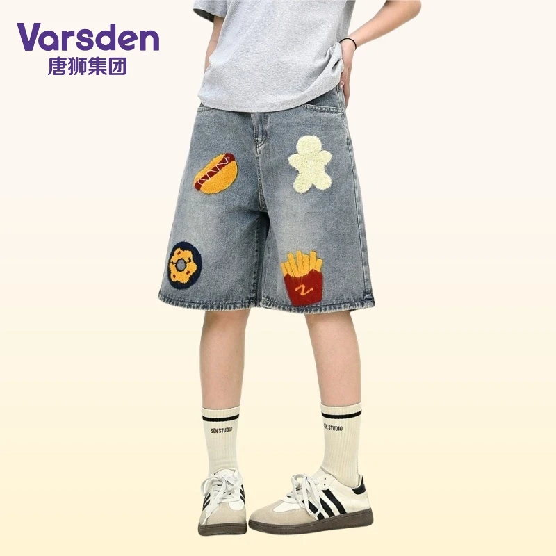 唐狮集团Varsden美式爆款复古毛巾绣牛仔短裤夏季男宽松直筒裤女