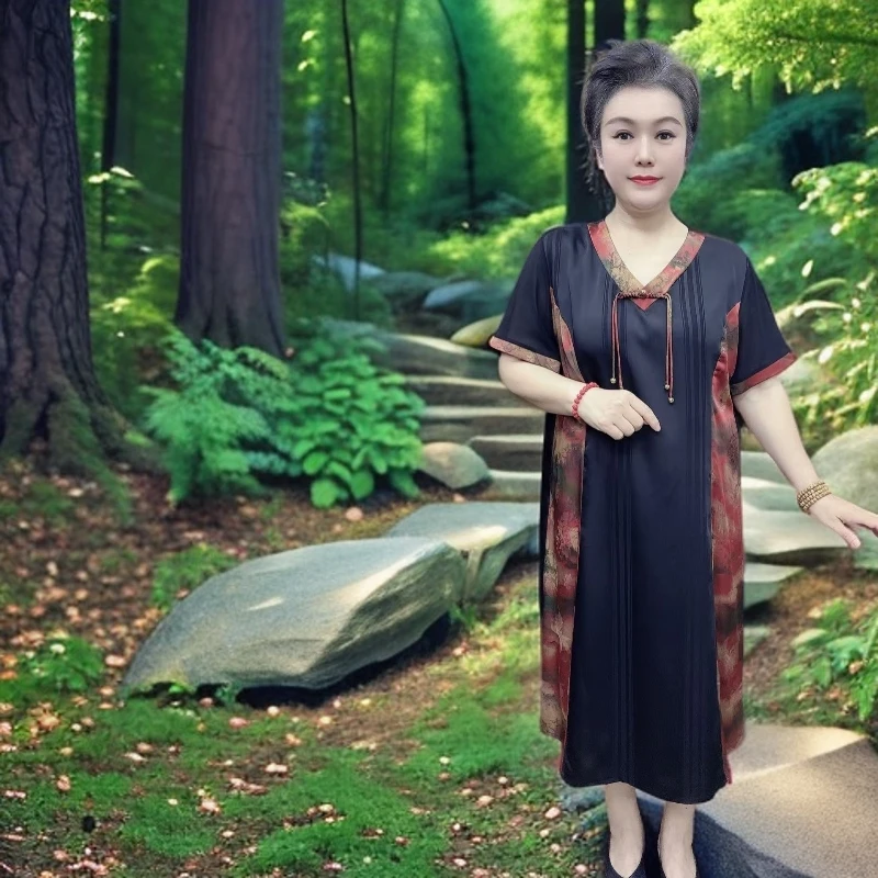 时尚长款V领A字版型中长款洋气中老年女装夏季大码气质中年连衣裙