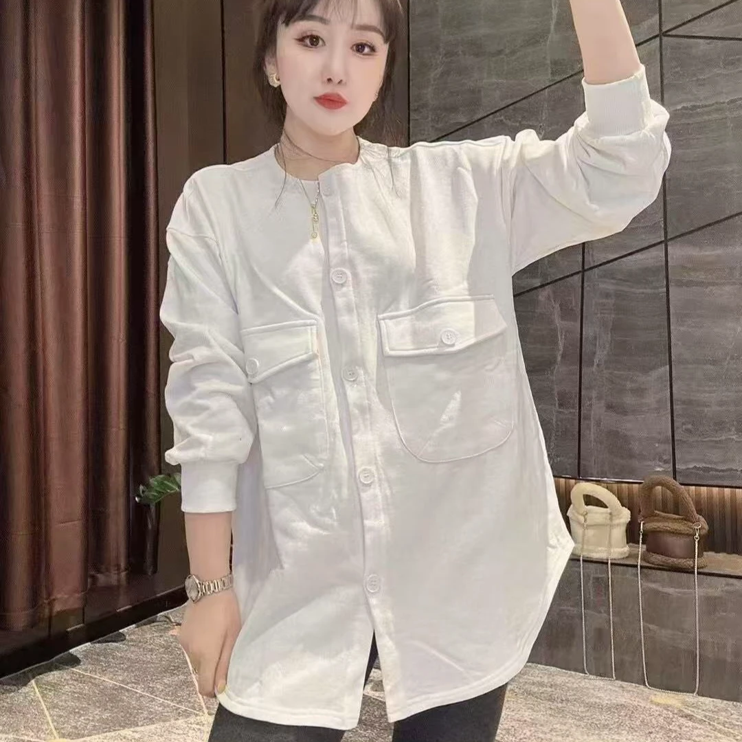 欧洲站2025春秋新款韩版休闲百搭宽松显瘦中长款纯色圆领上衣潮