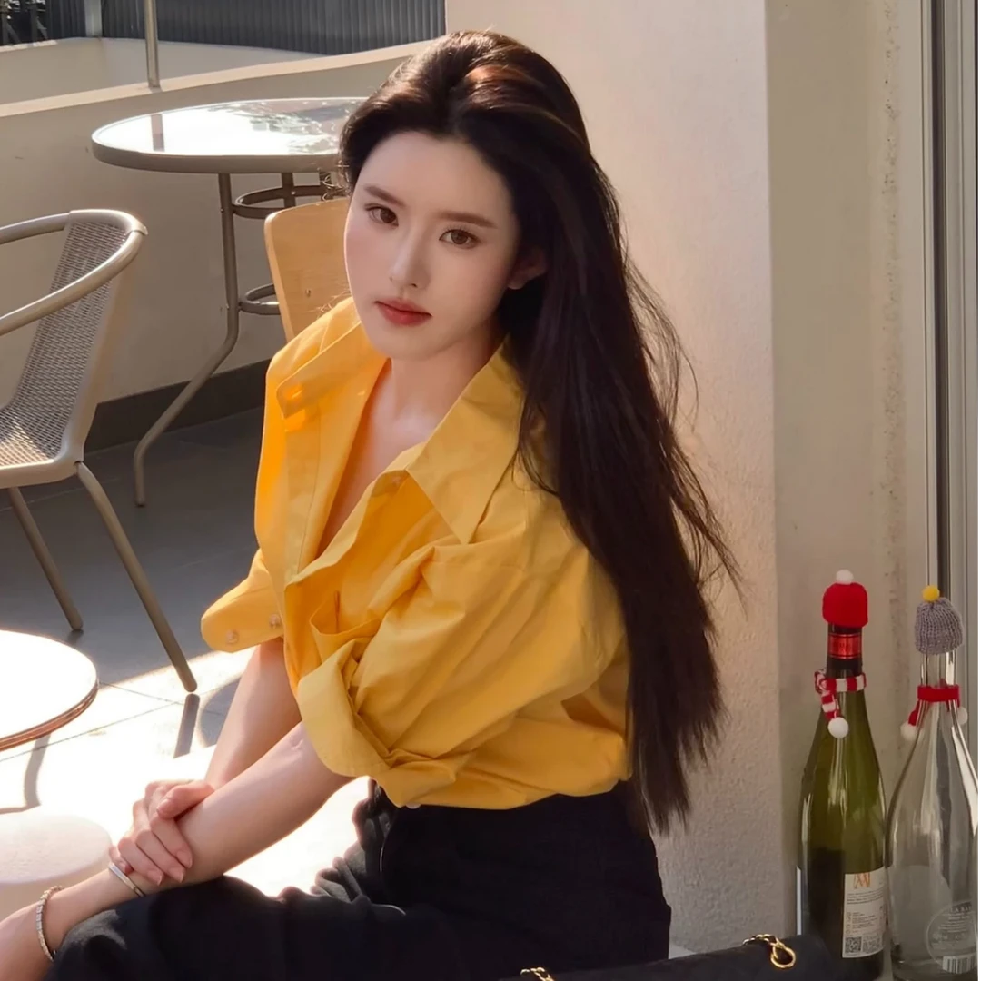 爱马橙复古优雅简约时尚气质显瘦休闲衬衫女