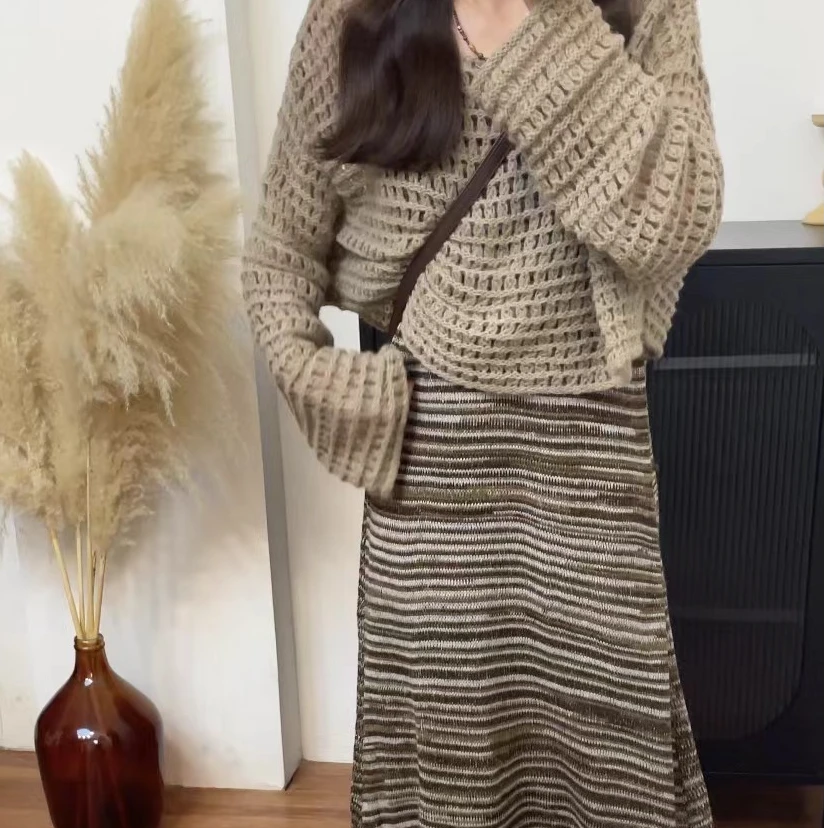 百搭套头针织网眼罩衫氛围感毛背心流苏长裙秋季新款