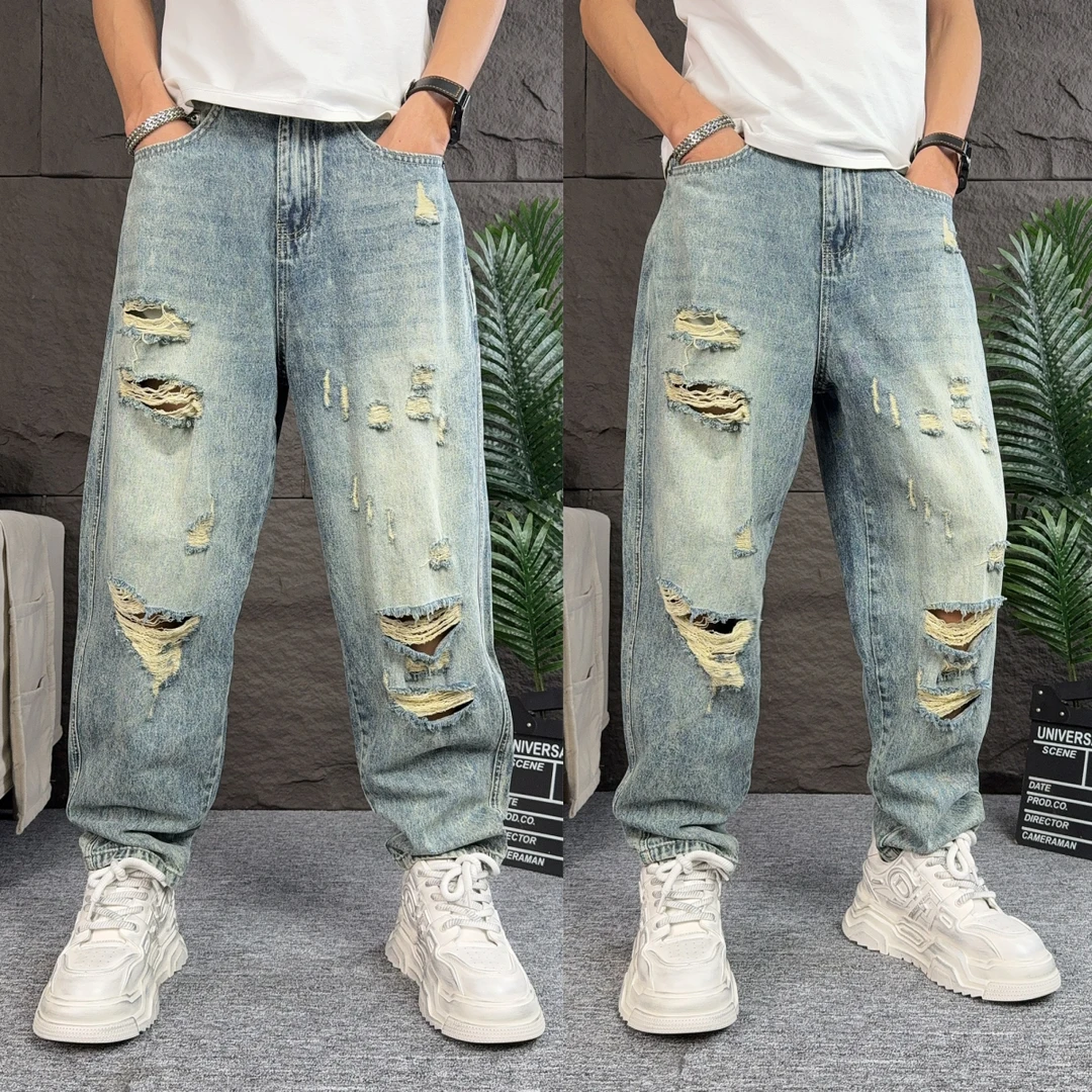 潮牌破洞做旧牛仔裤男夏季薄款痞帅炸街哈伦乞丐裤宽松直筒休闲裤
