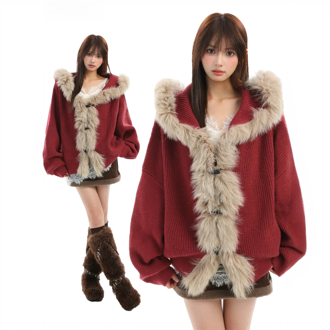 设计感大毛领连帽毛衣女秋冬新款圣诞穿搭慵懒风气质红色针织上衣
