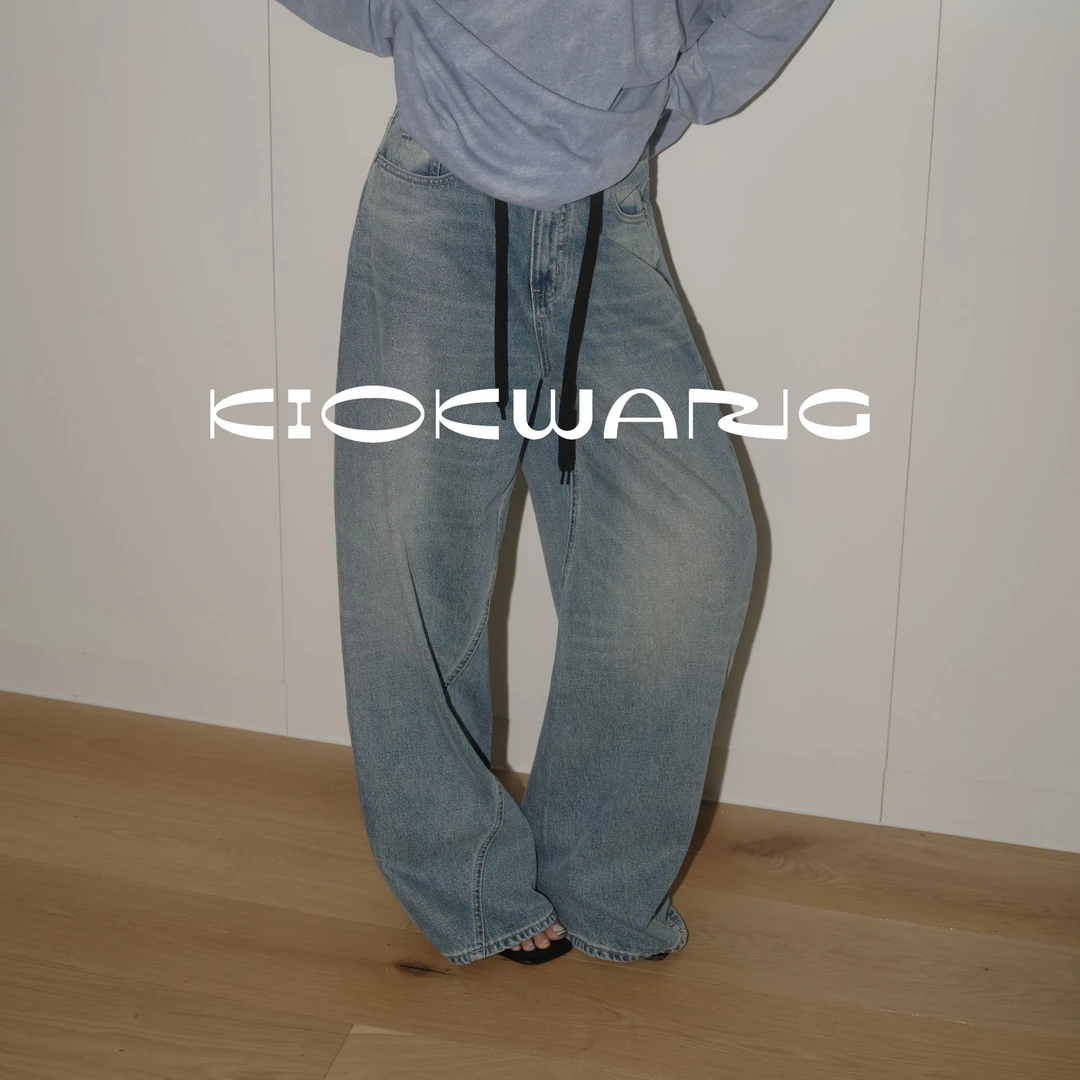KIOKWANG//不规则结构设计 抽绳调节复古水洗直筒宽松阔腿牛仔裤
