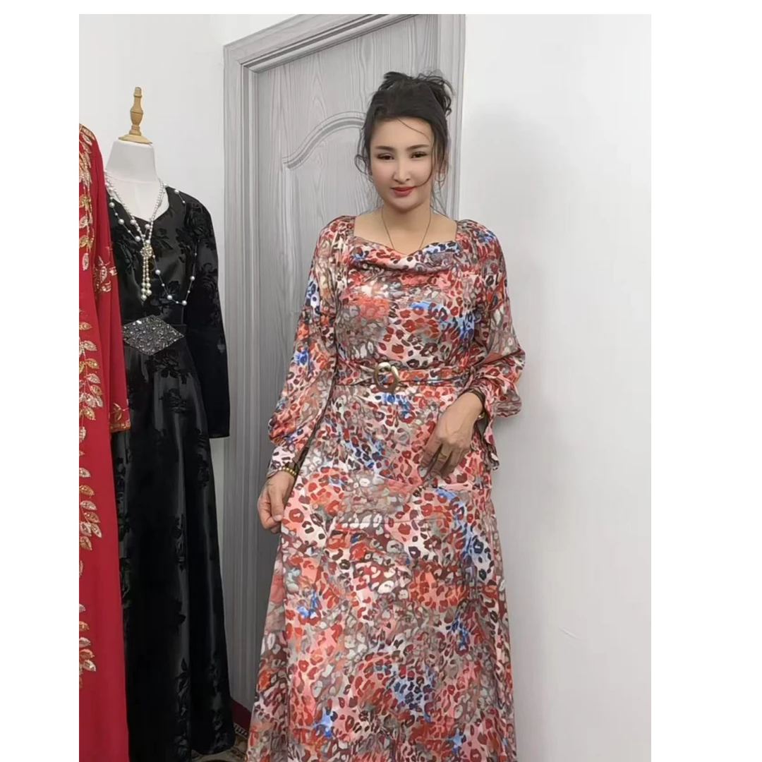 夏季女士旅游度假连衣裙2025新款高级印花系腰带长袖防晒长裙