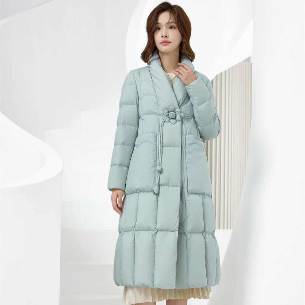 25-138#冬新款民族风羽绒服女长款过膝盘扣大口袋复古白鸭绒外套