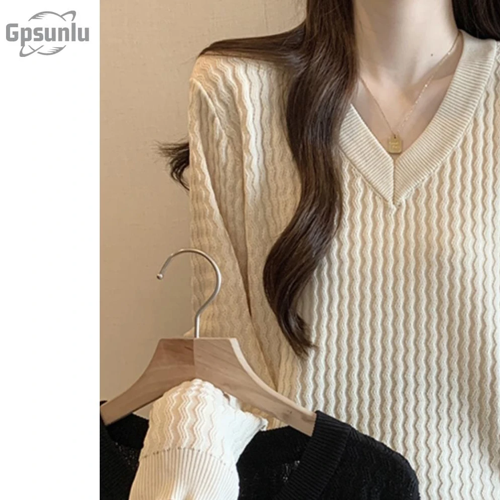gpsunlu宽松修身秋冬女式针织上衣时尚减龄长袖外穿慵懒风套头