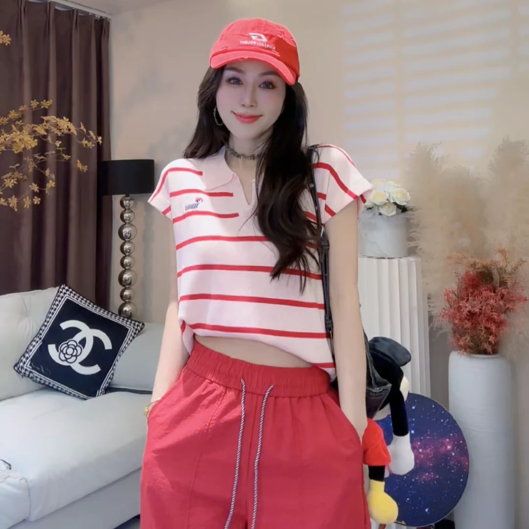 L.X~韩版百搭显瘦减龄Polo领宽松腊肠小狗刺绣设计针织衫女6327