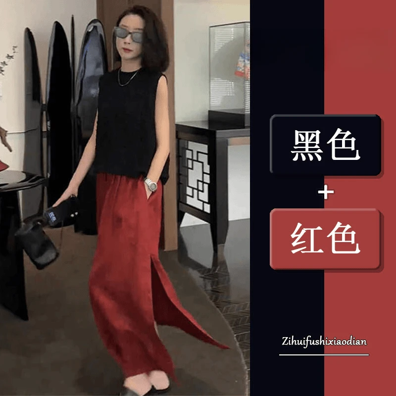 夏季套装女装2024新款法式时尚复古无袖背心T恤高腰显瘦半身裙女