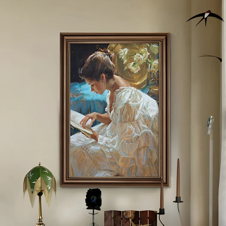 法式挂画玄关装饰画美式复古客厅沙发背景墙少女看书人物走廊壁画