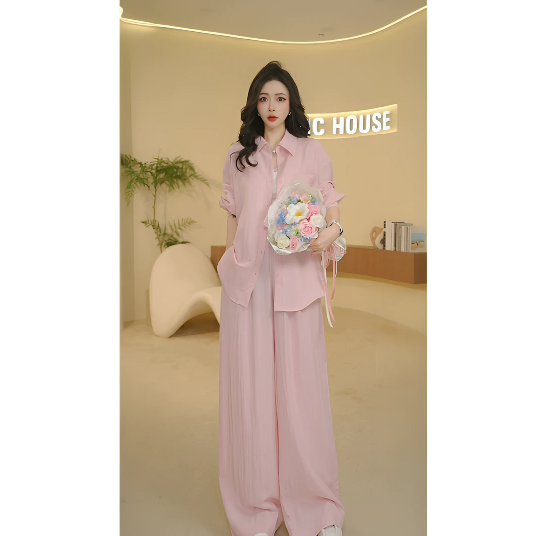 Basic House/百家好2025春夏新款百搭款宽松长袖衬衫休闲裤女