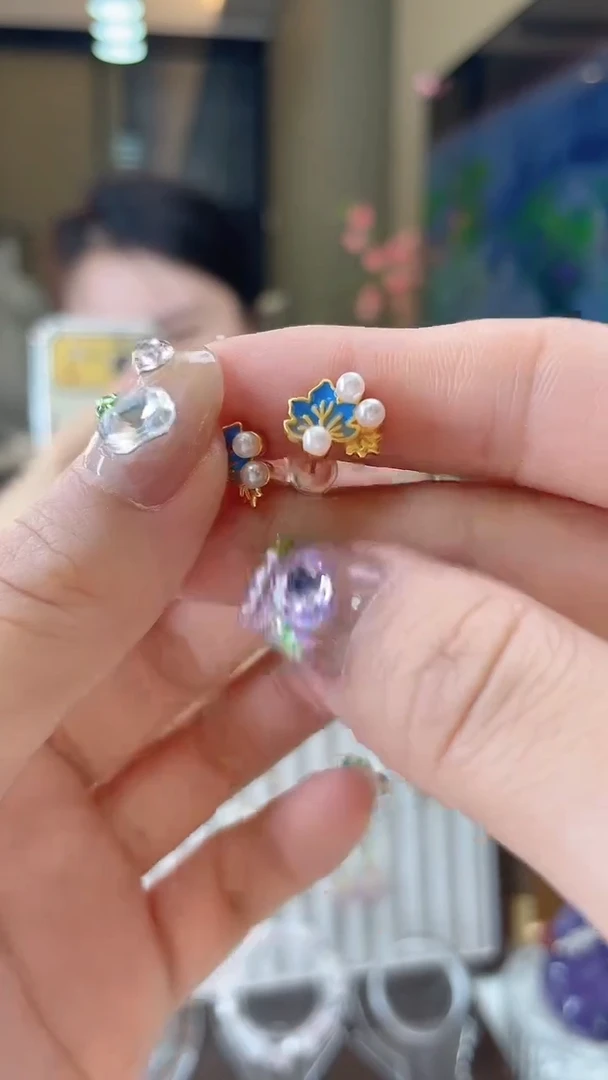 铜合金琉璃925银3-1蓝色小叶耳钉