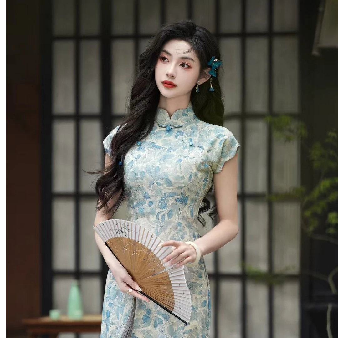 《蓝铃花》2025春夏新款旗袍清新文艺复古优雅长款旗袍巨显瘦5921