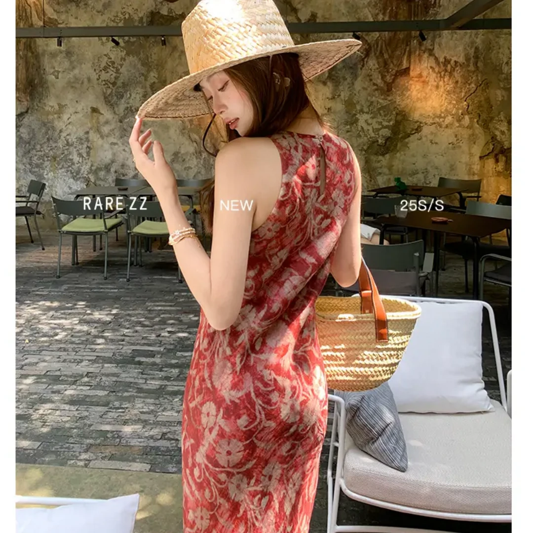 【岛屿玫瑰】 夏法式轻奢复古红印花挂脖连衣裙