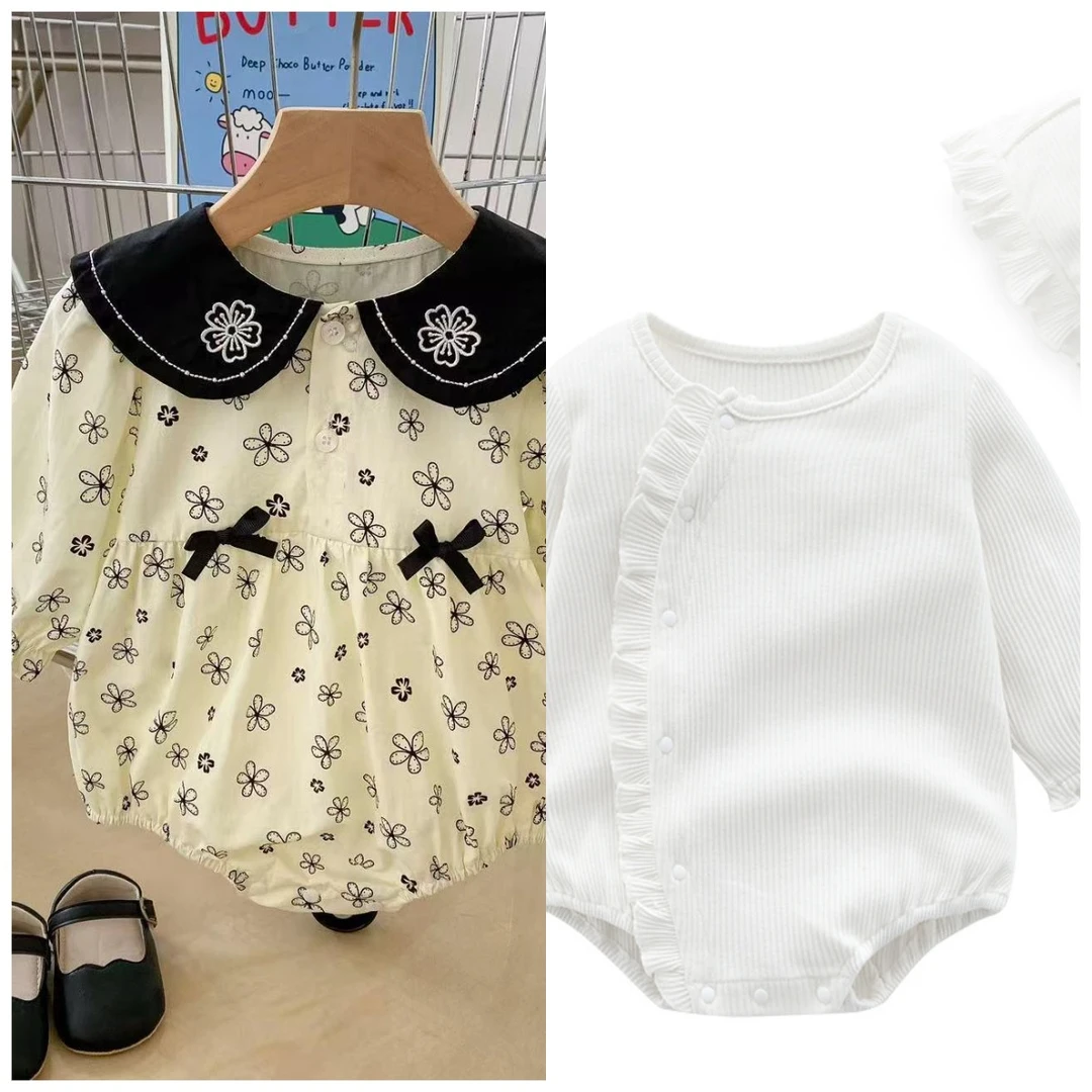 刺绣翻领连体哈衣秋装女宝宝长袖蝴蝶结碎花三角爬服新生儿衣服