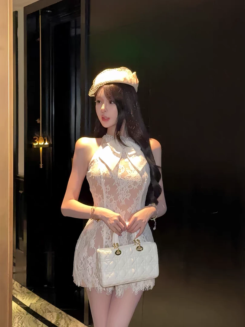 花期如梦 气质性感辣妹纯欲风无袖蕾丝连衣裙收腰显瘦包臀短裙女
