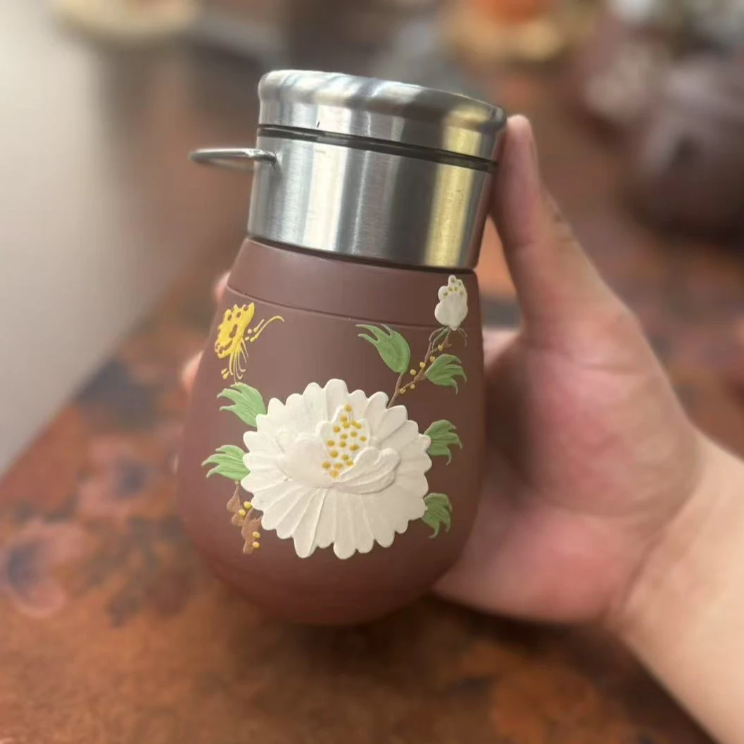 宜兴原矿紫砂龙血砂堆绘牡丹茶水分离单层随身杯家用办公茶具