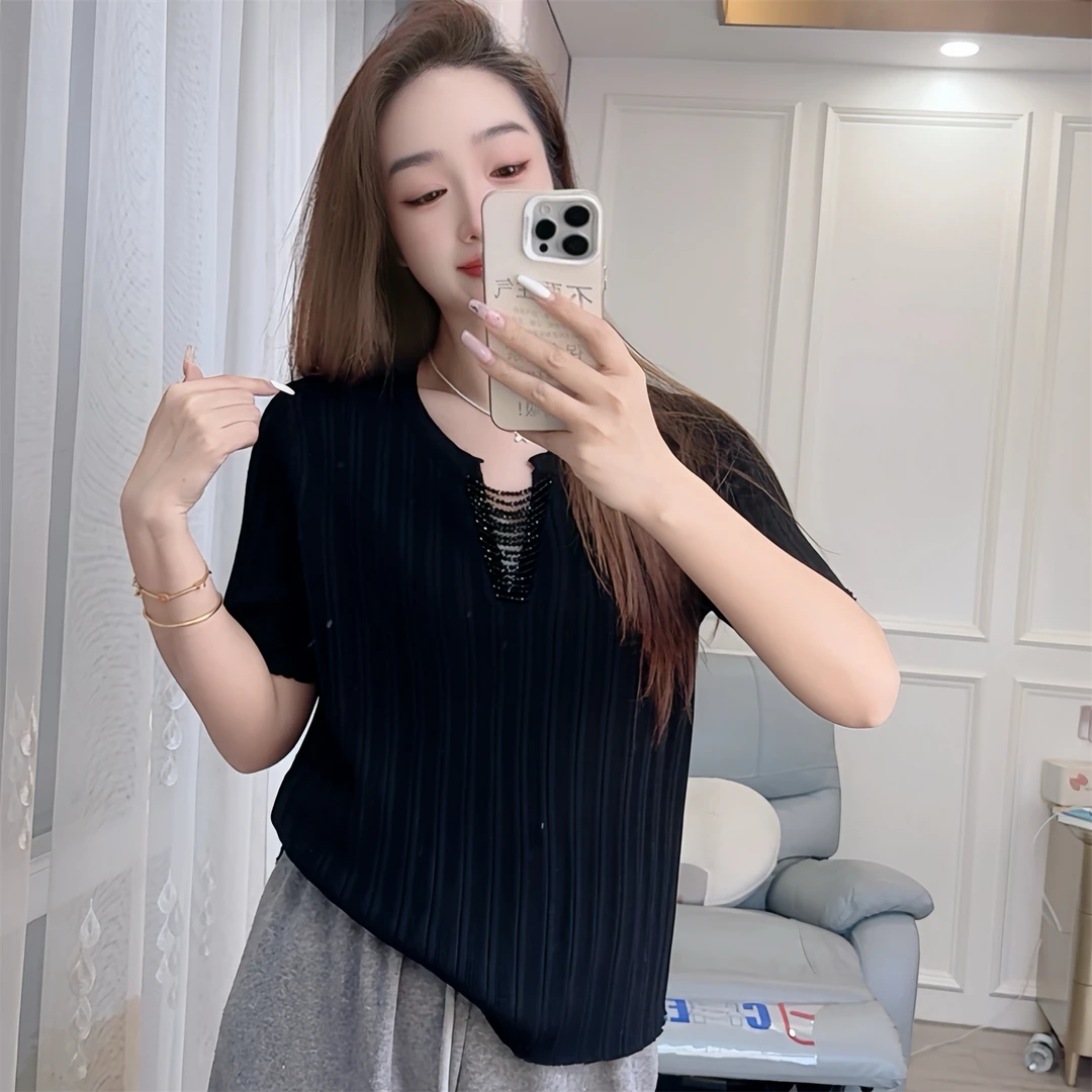 2539现货夏季女装针织衫串珠V领韩版设计感气质短袖法式宽松套头