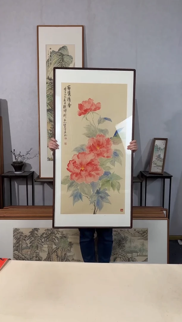 国画手绘*富贵清香*62*122cm*黑胡桃色木框