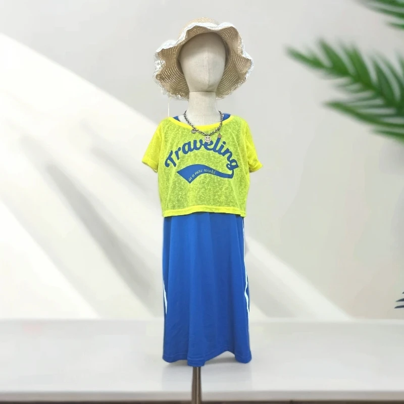 韩版运动两件套休闲气质连衣裙夏季时尚显瘦女童大童套装裙子蓝色