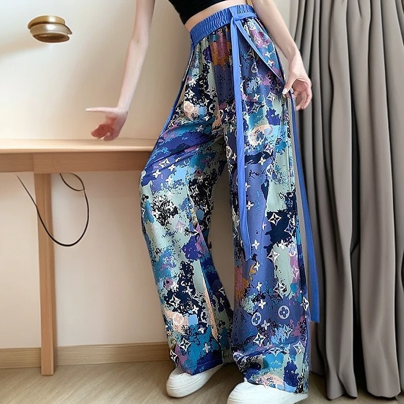 港味飘带印花阔腿裤女夏季新款高腰宽松休闲直筒裤百搭拖地裤子潮