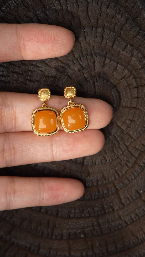 蜜蜡银S925镶嵌耳坠方糖