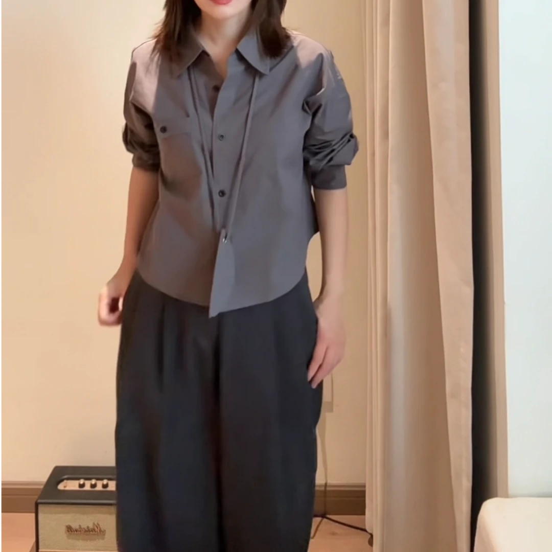 韩系简约长袖短款翻领衬衫气质休闲夏季秋季