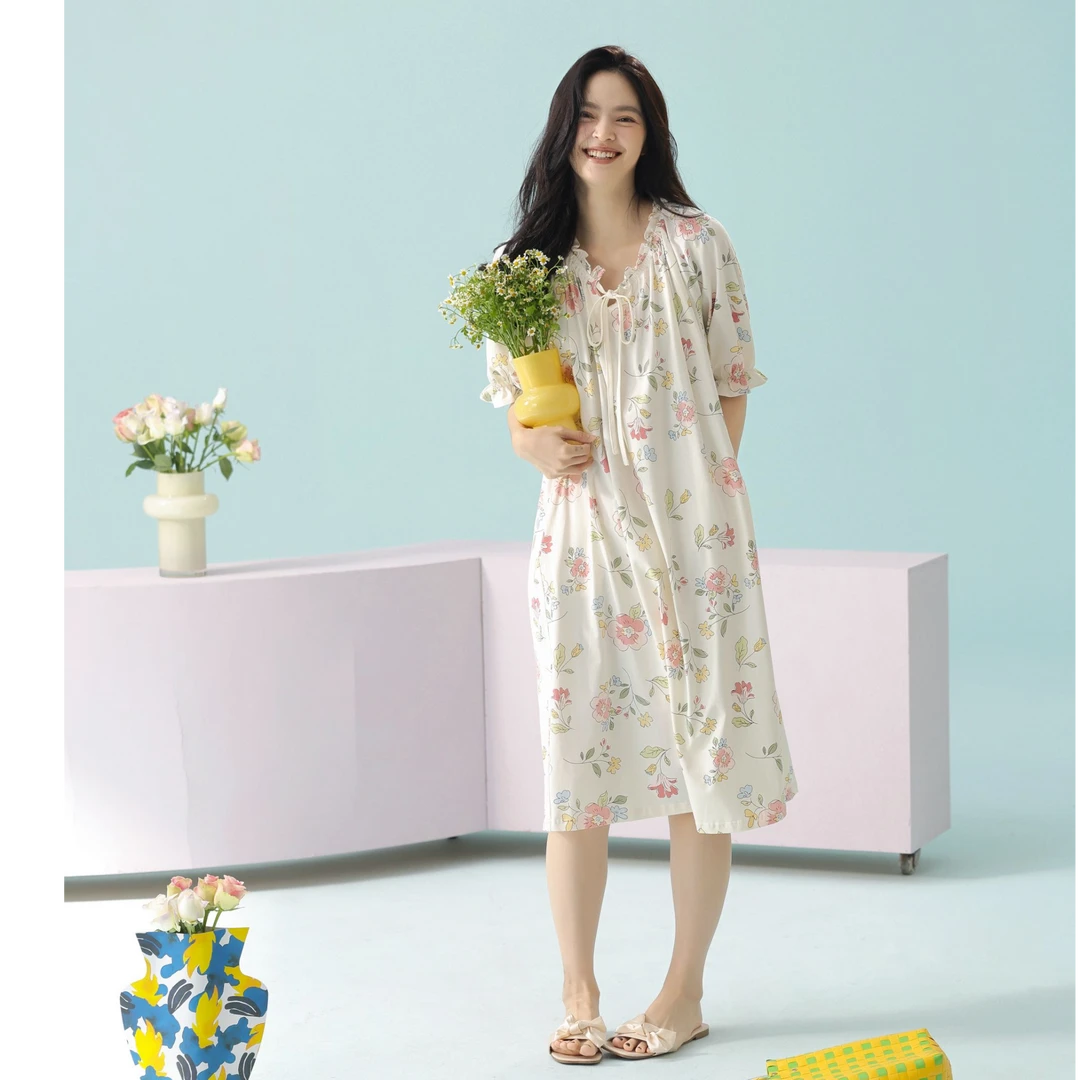 MILORD【洛丽塔的午后】夏季碎花短袖睡裙抗菌新疆棉印花舒适中长款