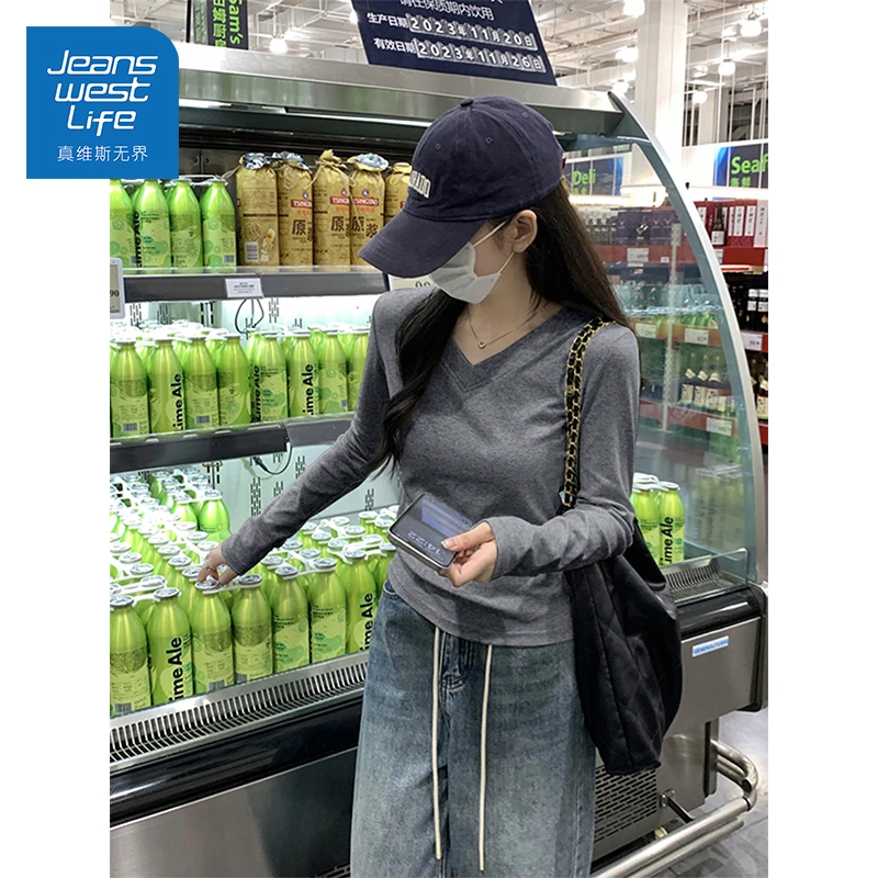 真维斯无界V领长袖磨毛打底冬季软糯亲肤百搭修身打底衫时尚洋气