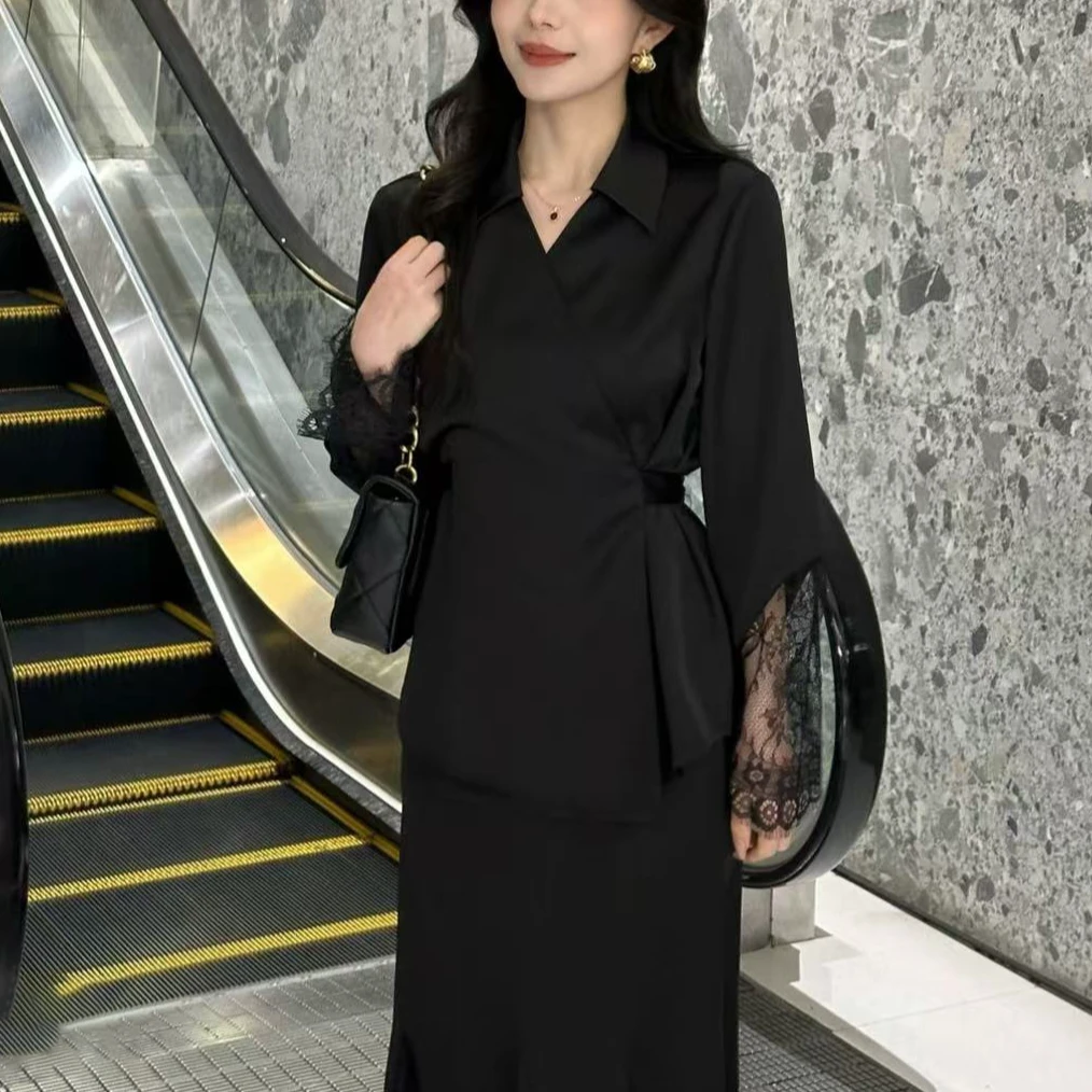 2025高级气质显瘦套装蕾丝秋季新款黑色拼接两件套衬衫半身裙