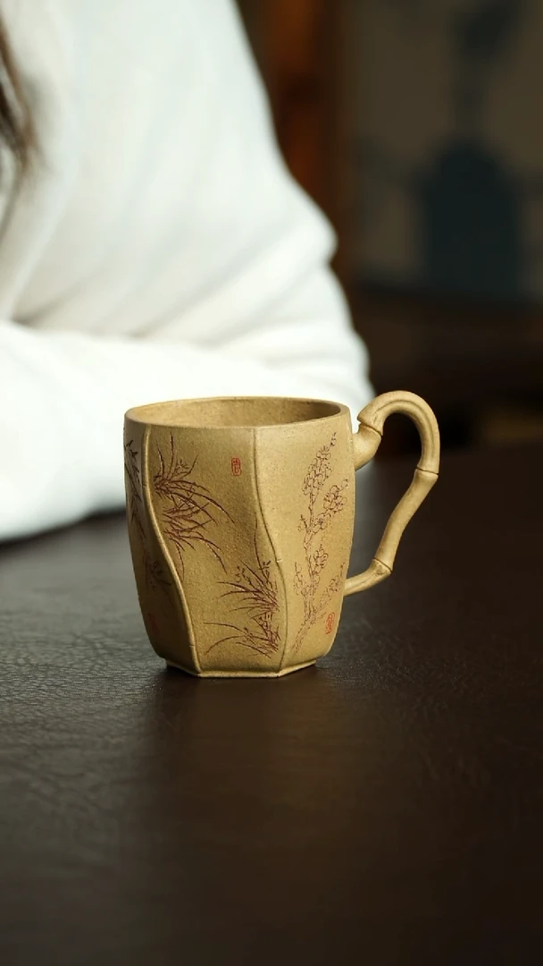 茶杯紫砂30号 梅兰竹菊六方把杯 宜兴紫砂原矿作品