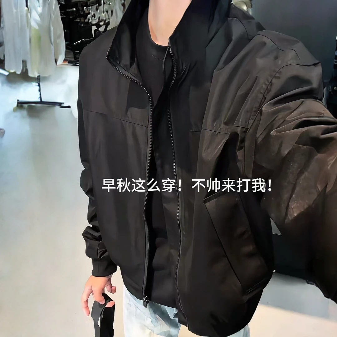 痞帅纯色立领外套夹克男生秋季休闲潮流上衣宽松春季男士帅气男装