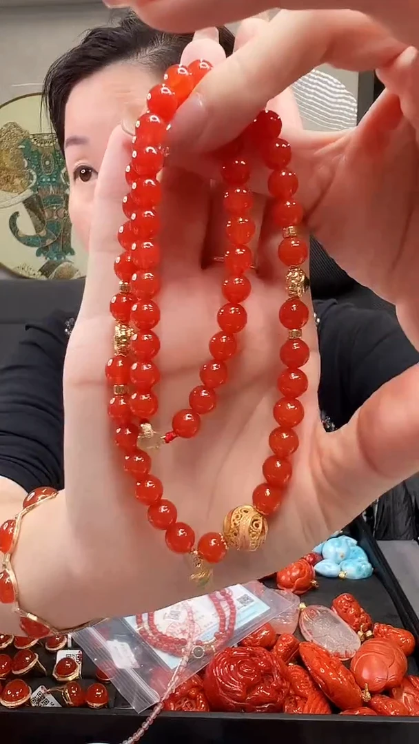 未镶嵌冰红圆珠项链南红玛瑙/18K金设计款/7.8mm~8mm