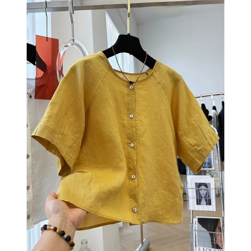 韩系轻奢高级感棉麻料短袖气质小衫女夏季圆领衬衫超好看短款上衣