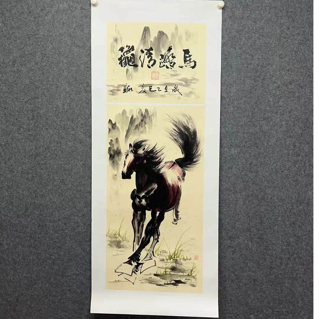 李新社-竖幅手绘马踏清秋三尺宣纸水墨画