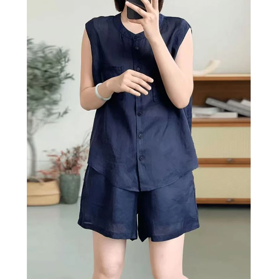 大码女装—25665女夏季时尚大码显瘦无袖衬衫上衣修身裤子两件套