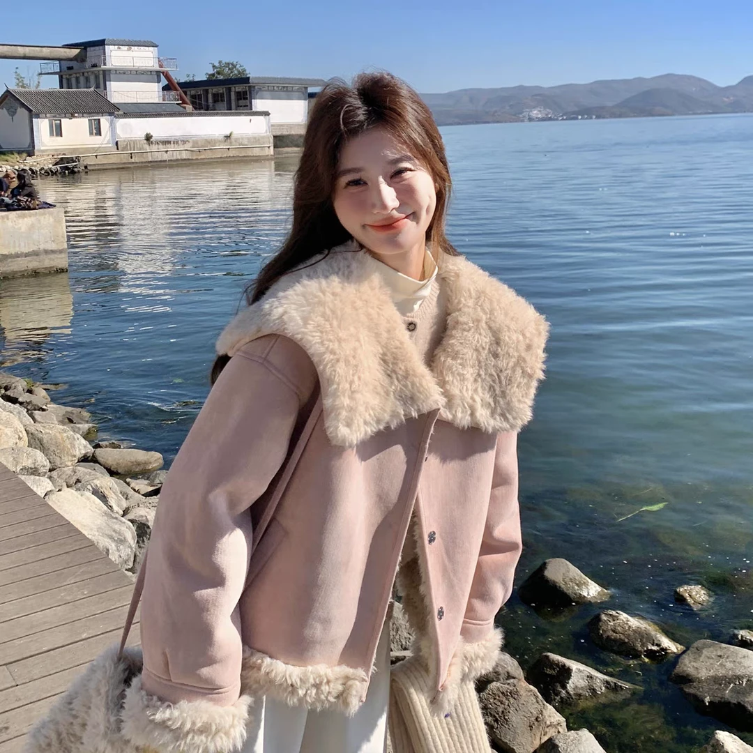 866领口拉链款2024冬季皮毛一体宽松休闲百搭仿兔毛时尚韩版外套