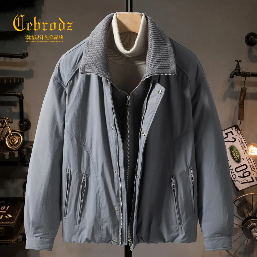 法国Cebrodz冬季假两件白鸭绒毛衣领羽绒服男新款时尚痞帅保暖