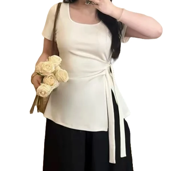 猪猪头家【欲望沦陷】夏季2025不规则开叉绑带休闲百搭方领短袖T恤