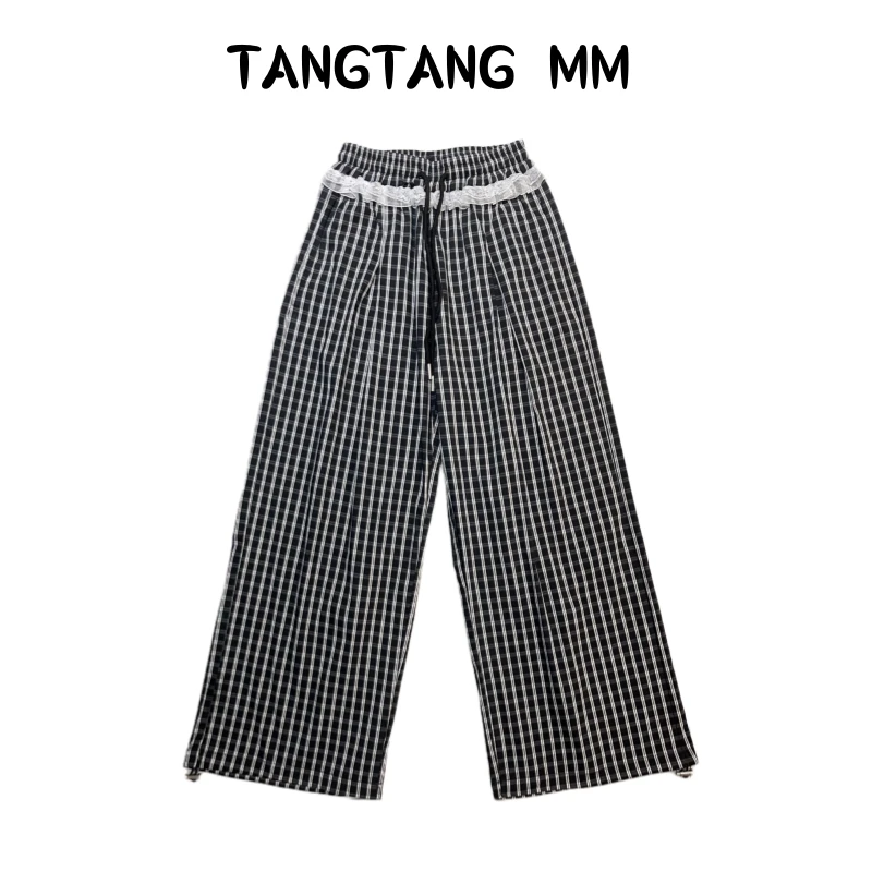 女童夏装格子裤2025新款儿童夏季花边休闲裤中大童百搭直筒裤韩版