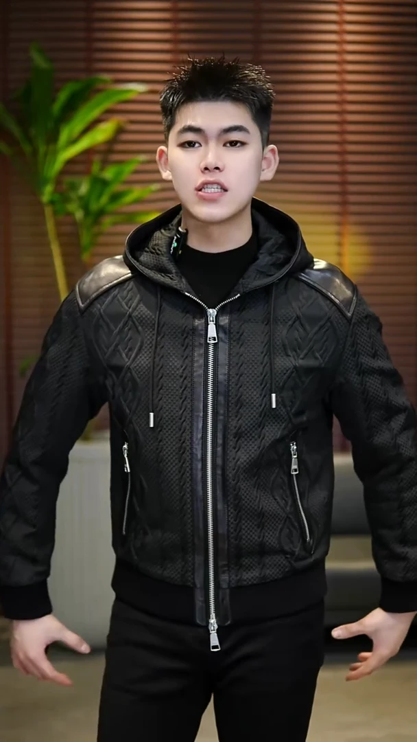 48（100-125斤）男士真皮拼接鹅绒服3607（黑色）