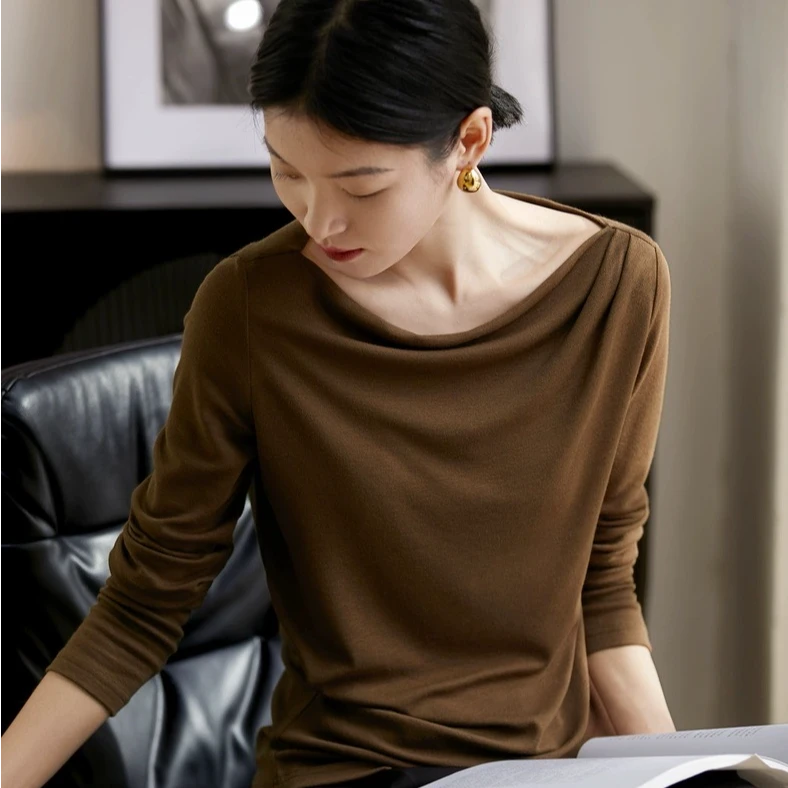 高档百搭天鹅颈时尚露肩显瘦气质一字肩长袖春秋打底衫2447
