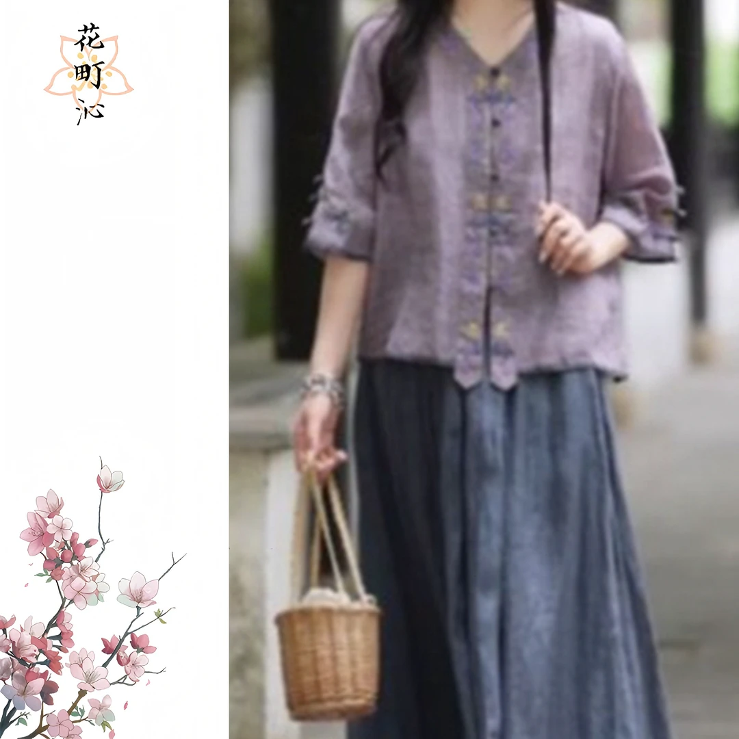 9270夏季复古风V领百搭时尚新中式麻料中国风宽松新款上衣